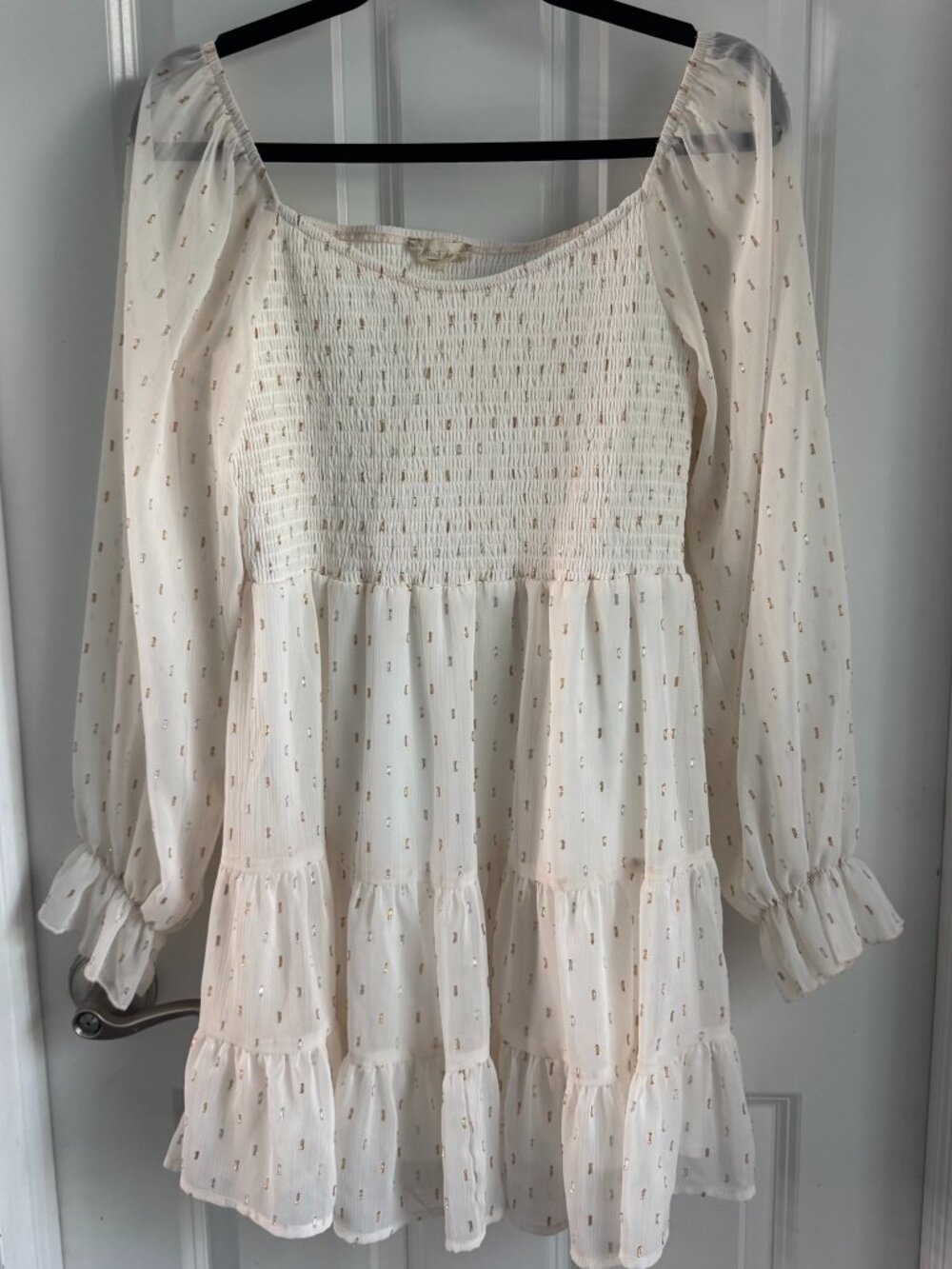Altar'd State White minidress with long sheer ruffled sleeves, smocked bodice,